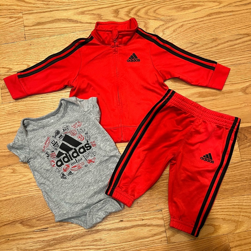 Baby Boy Girl Red and Black Adidas Track Suit Outfit Onesie Set
